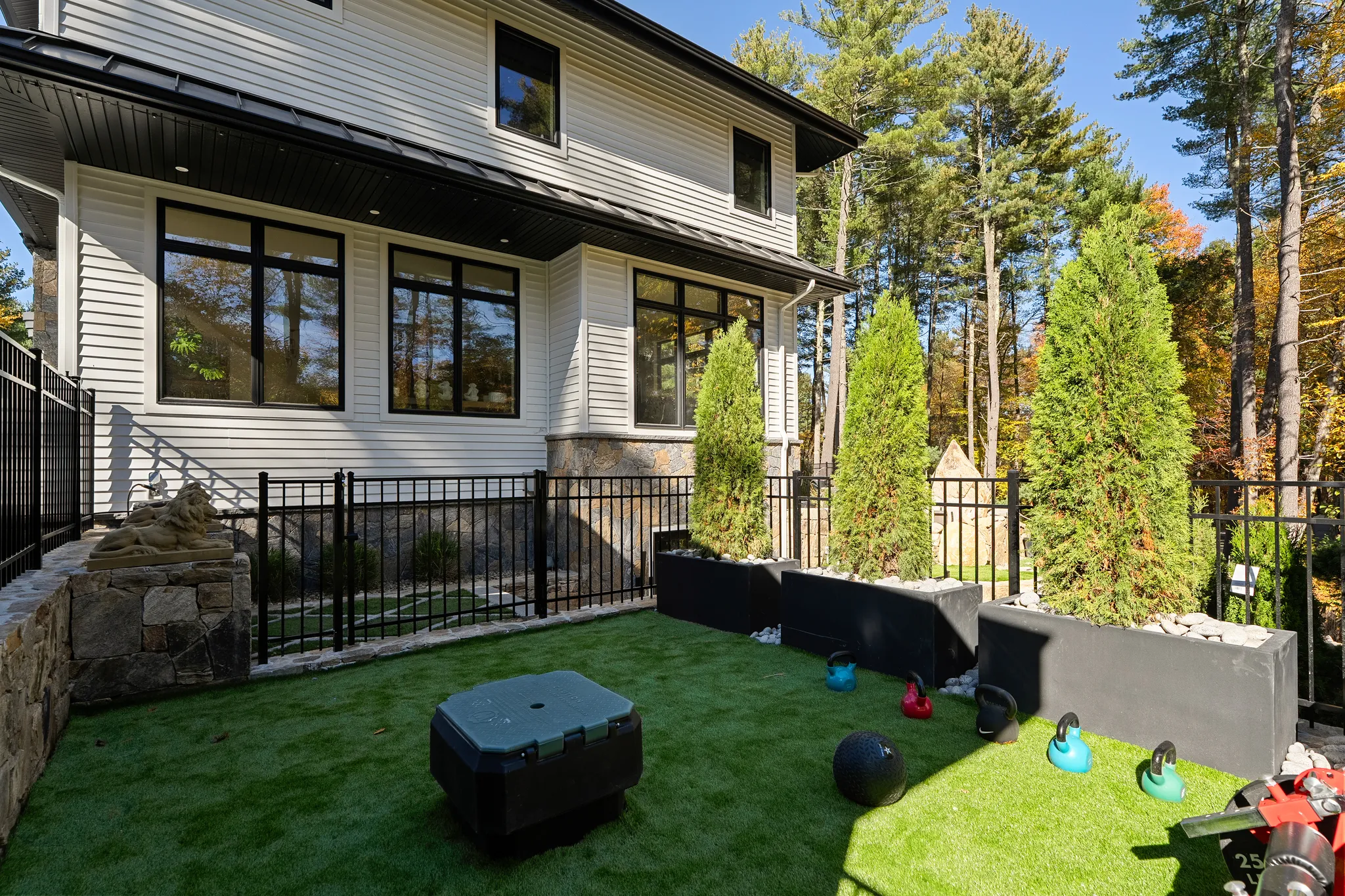 A modern house exterior features an artificial turf yard with an outdoor exercise area, planter boxes, and a black fence, surrounded by tall trees.